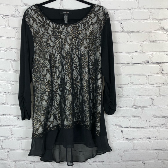 STYLE & CO. LACE FRONT BLACK TUNIC WITH GOLD ACCENTS. SIZE(XL) - Picture 1 of 13